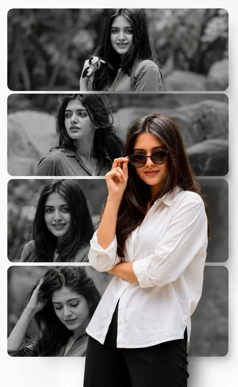 Vertical Grid Monochrome & Color Fashion Portrait Collage AI Prompt preview example result