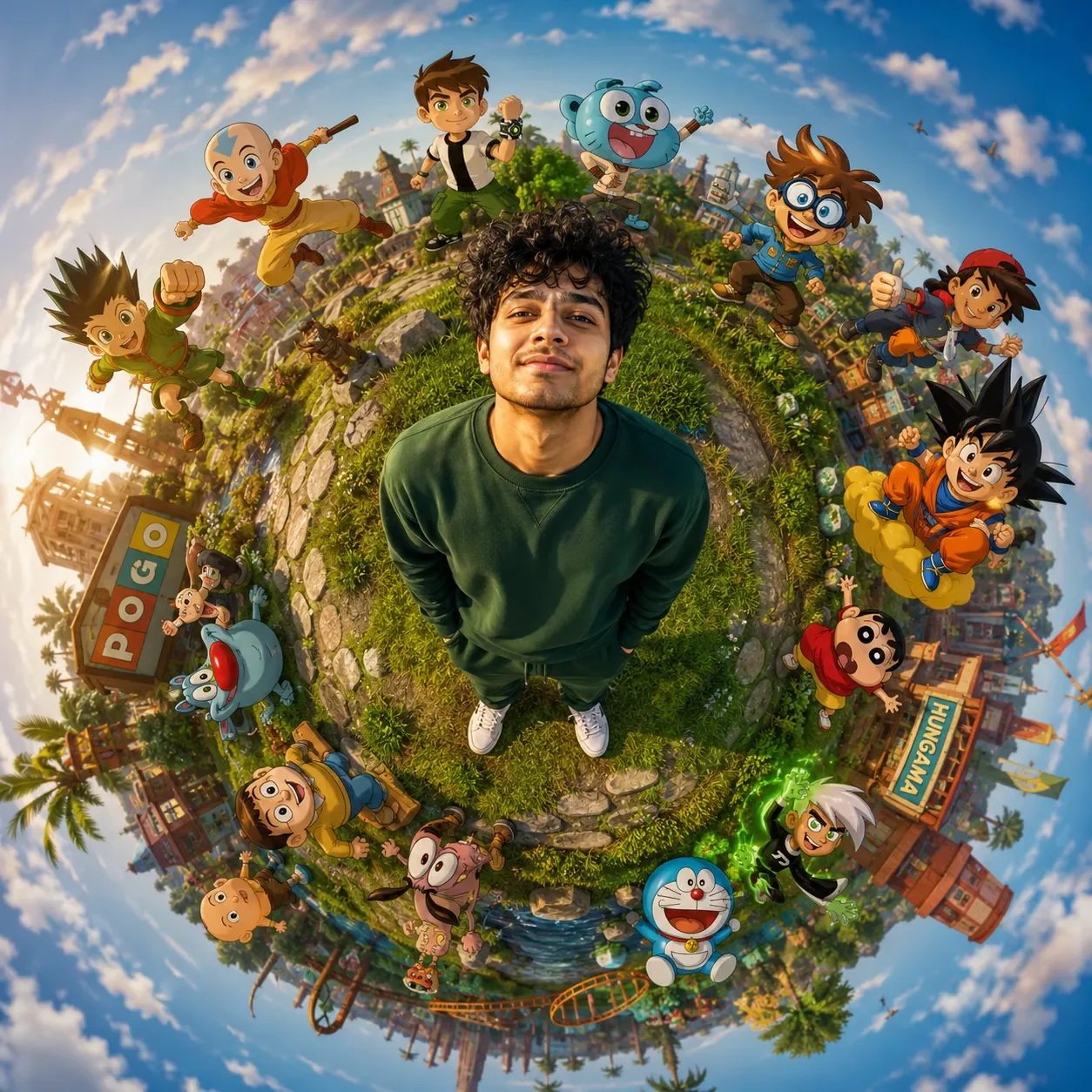 Vibrant Cartoon World In A Tiny Planet AI Photo Prompt preview example result