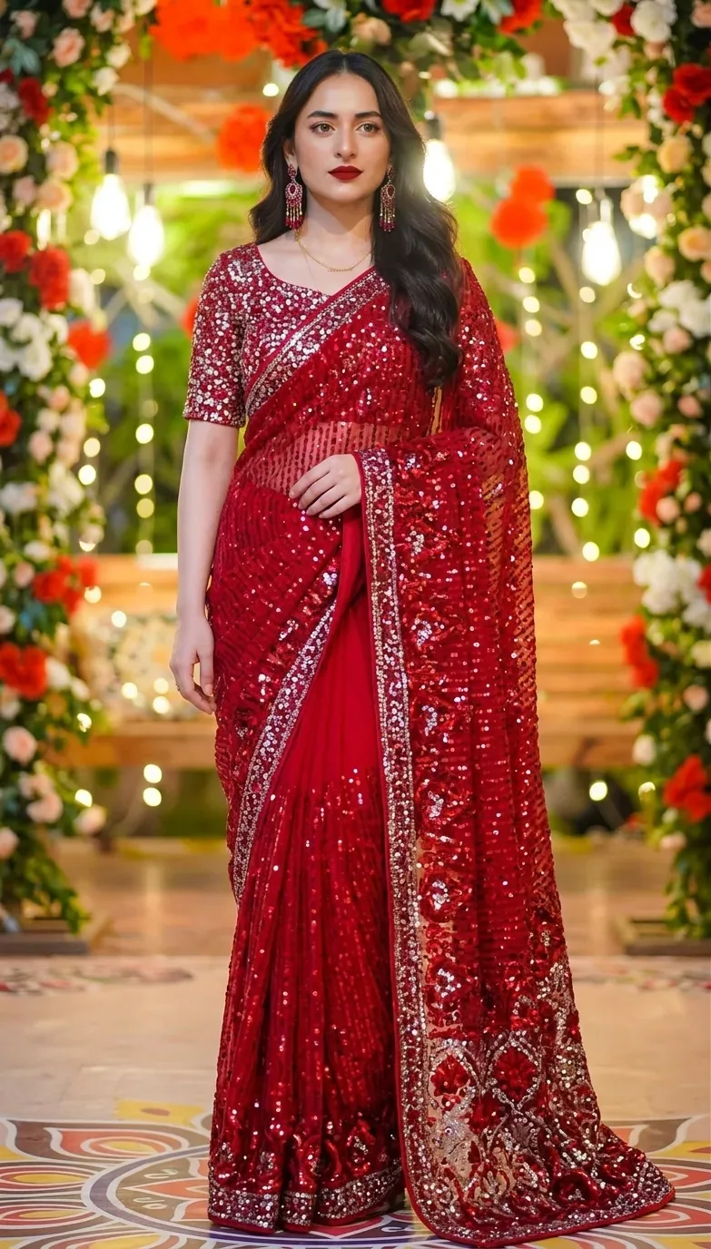 Vibrant Red Sequined Sari Portrait In Festive Floral Setting AI Photo Prompt preview example result
