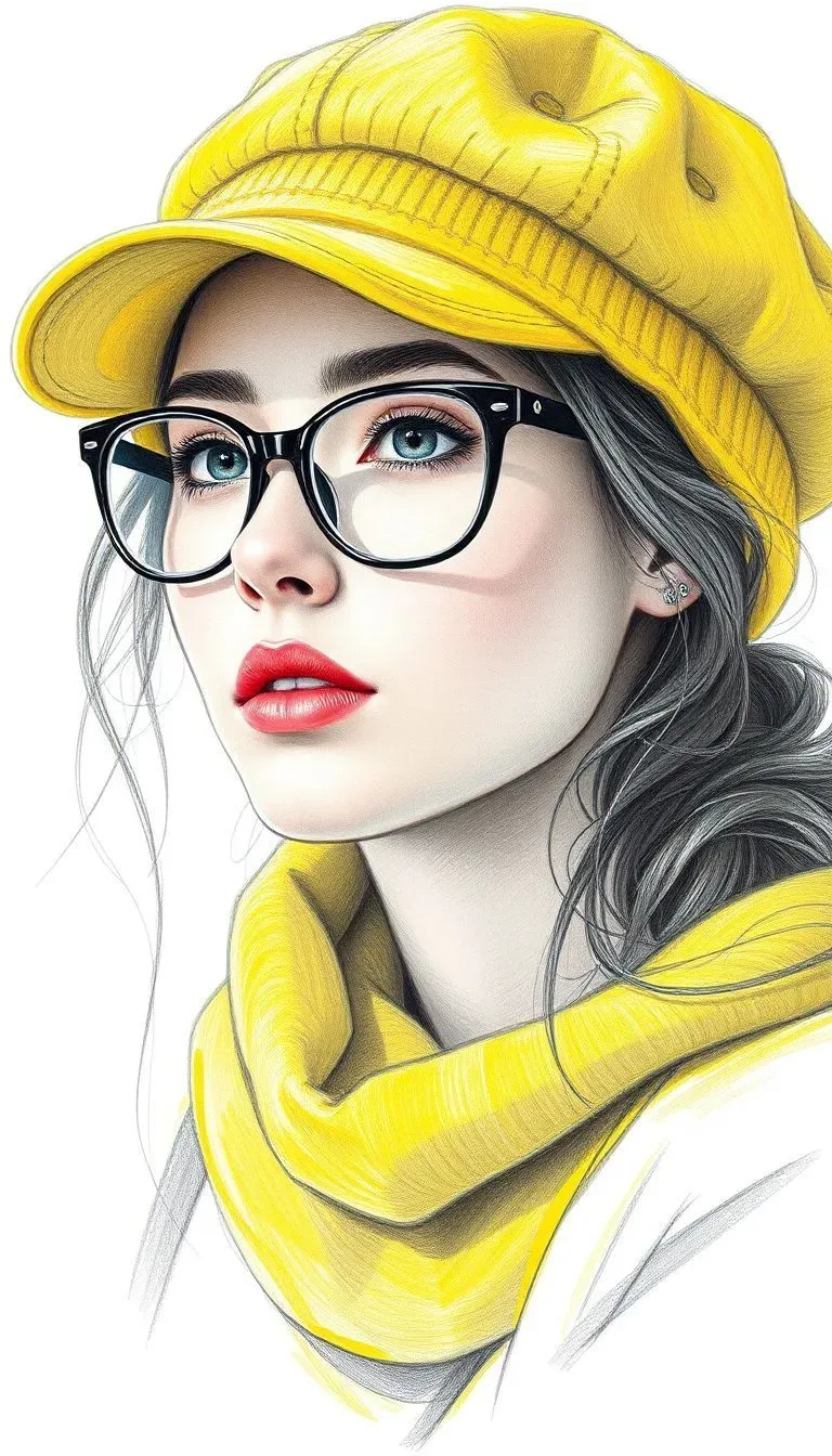 Vibrant Yellow Newsboy Cap & Glasses Illustration Portrait AI Photo Prompt preview example result