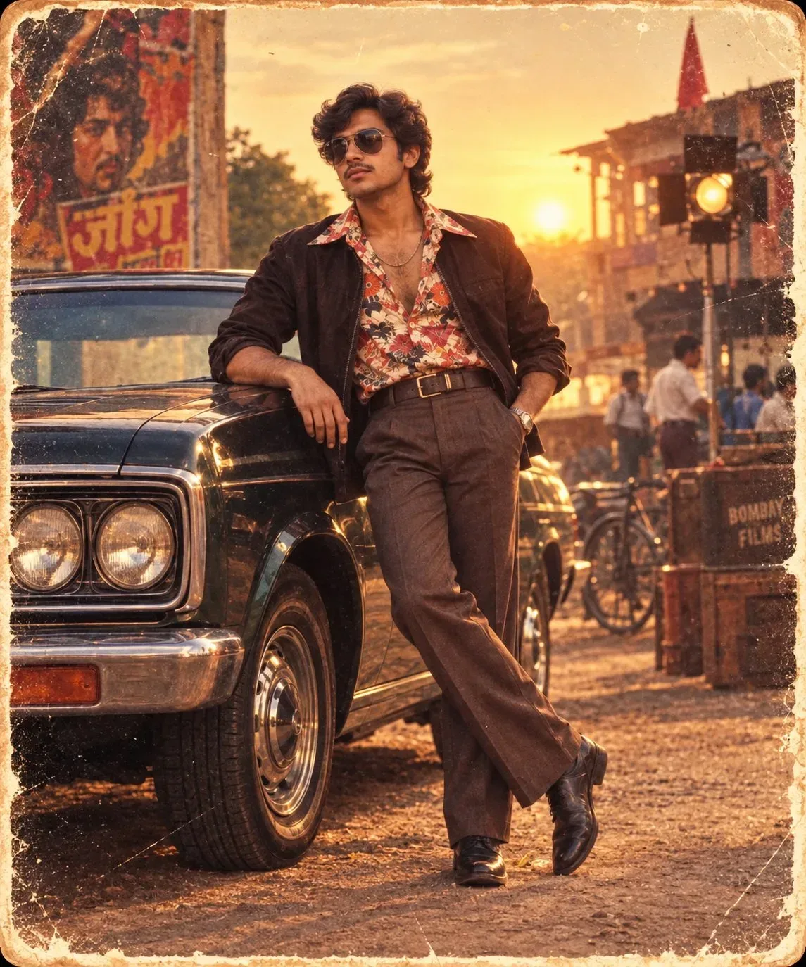 Vintage 1970s Bollywood Hero Portrait Leaning On Classic Car At Sunset AI Photo Prompt preview example result