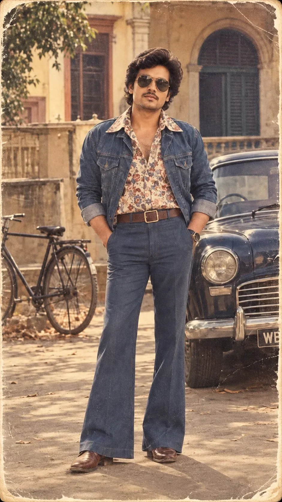 Vintage 1970s Retro Bollywood Male Portrait in Bell-Bottom Jeans & Floral Shirt Prompt preview example result