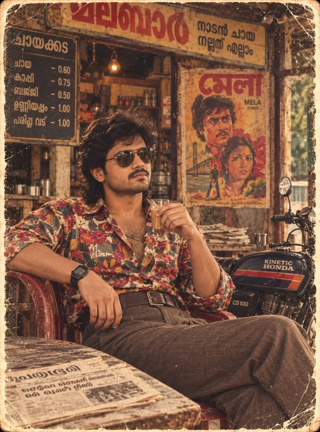 Vintage 1980s Kerala Tea Stall Male Portrait With Glass Of Chai AI Photo Prompt preview example result