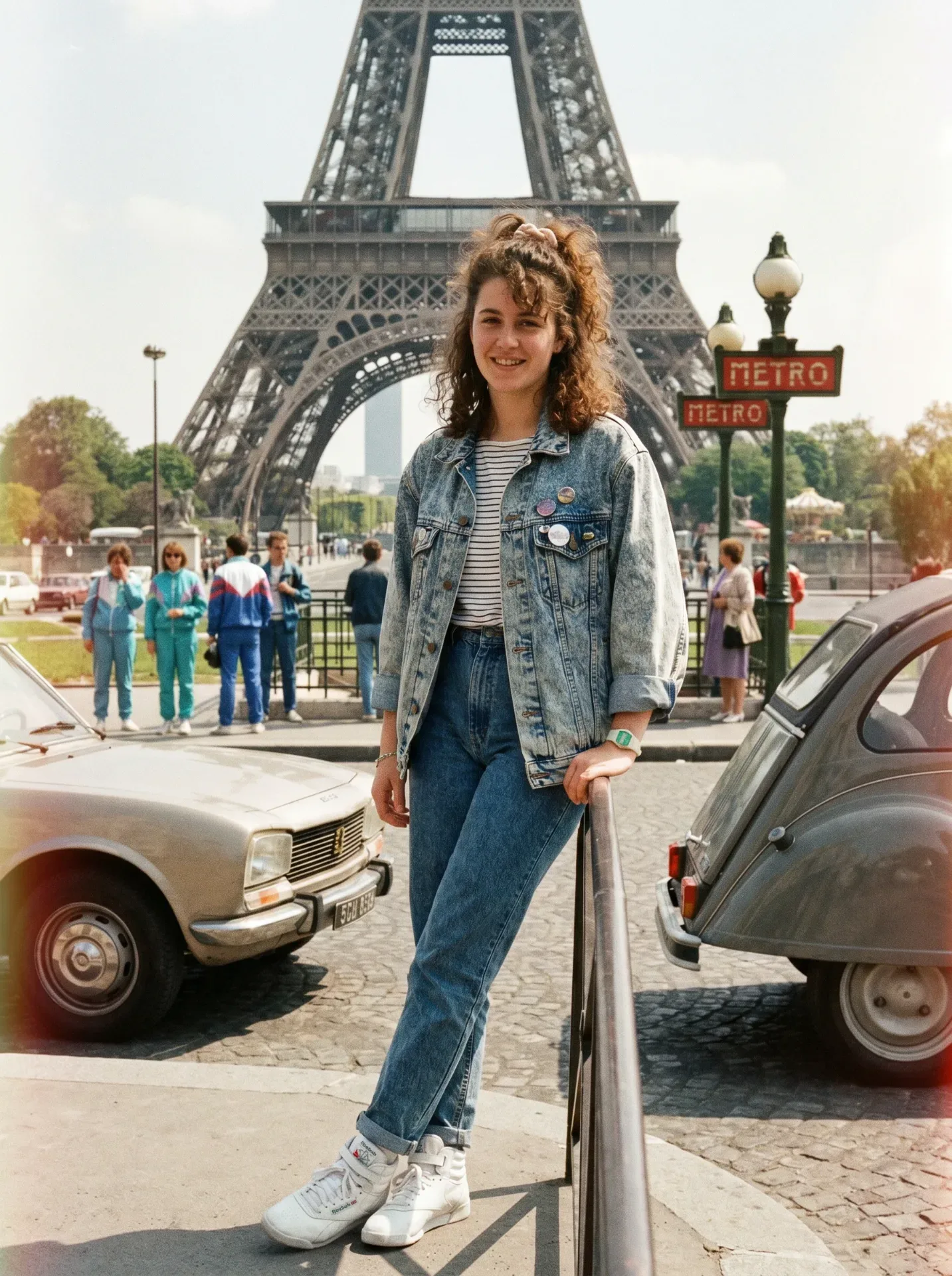 Vintage 1980s Paris Street Portrait Of Smiling Woman With Eiffel Tower & Metro Sign AI Photo Prompt preview example result
