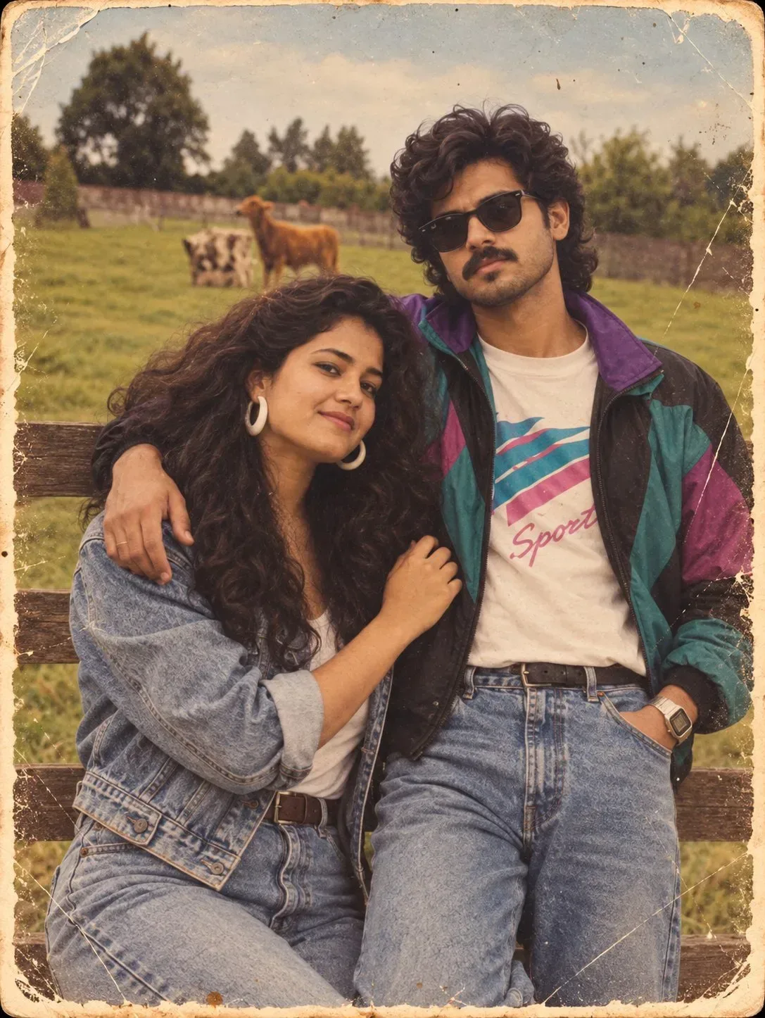 Vintage 1980s Retro Couple Portrait Leaning On Wooden Countryside Fence AI Photo Prompt preview example result