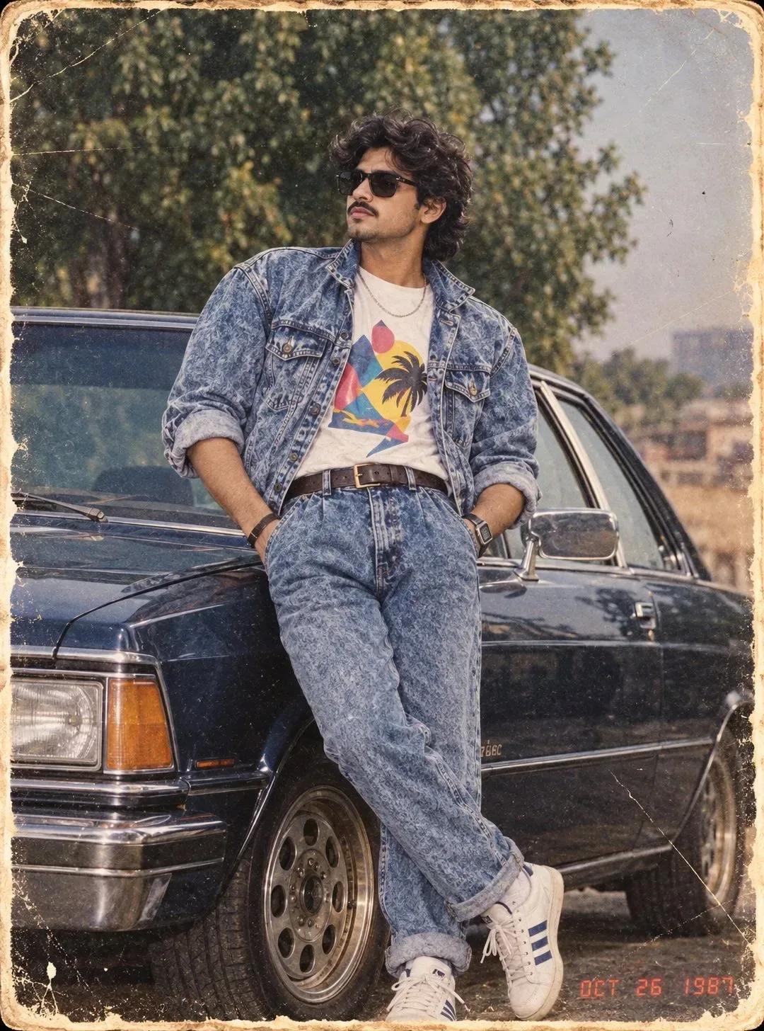 Vintage 1980s Retro Double-denim Male Portrait Leaning On Classic Car AI Photo Prompt preview example result