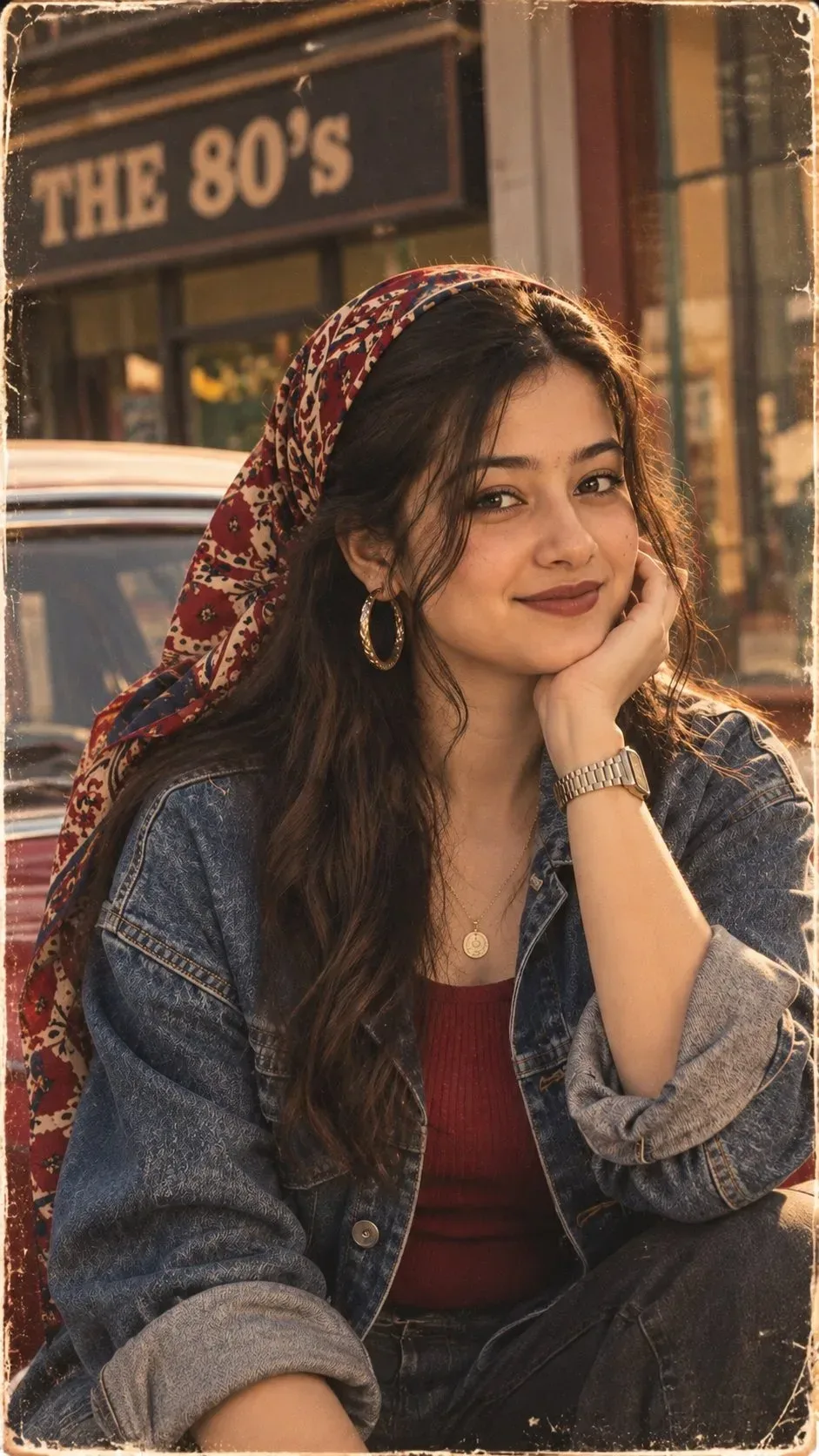 Vintage 1980s Retro Female Portrait In Floral Headscarf & Oversized Denim Jacket AI Photo Prompt preview example result
