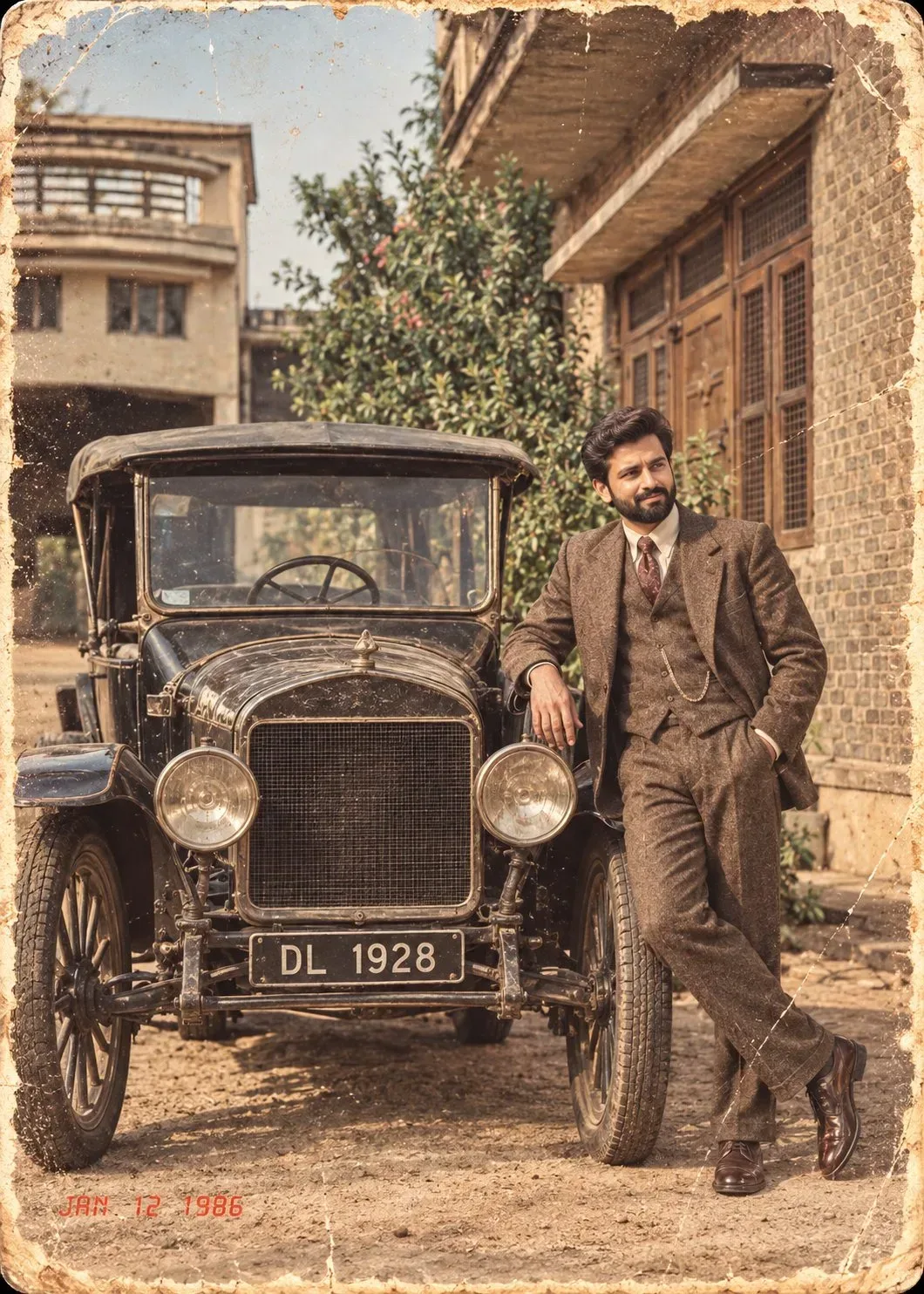 Vintage 1980s Retro Gentleman Portrait Leaning On 1928 Ford Model T AI Photo Prompt preview example result