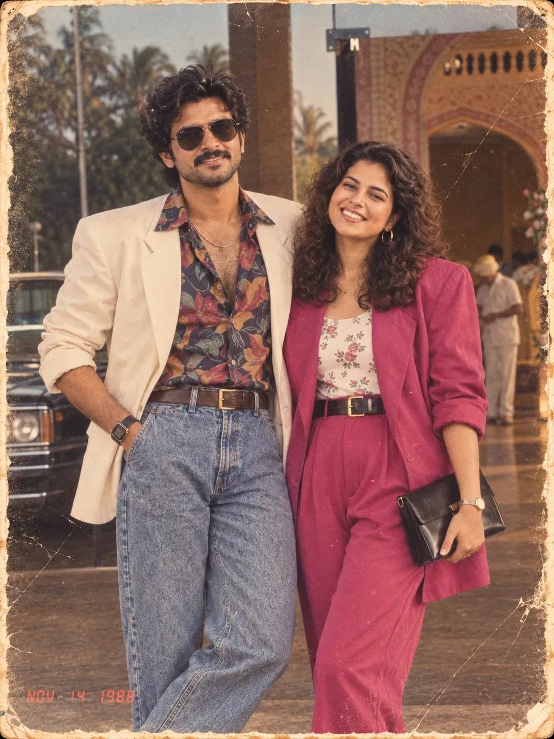 Vintage 1980s Retro Indian Couple Portrait In Magenta Pantsuit & Cream Blazer AI Photo Prompt preview example result