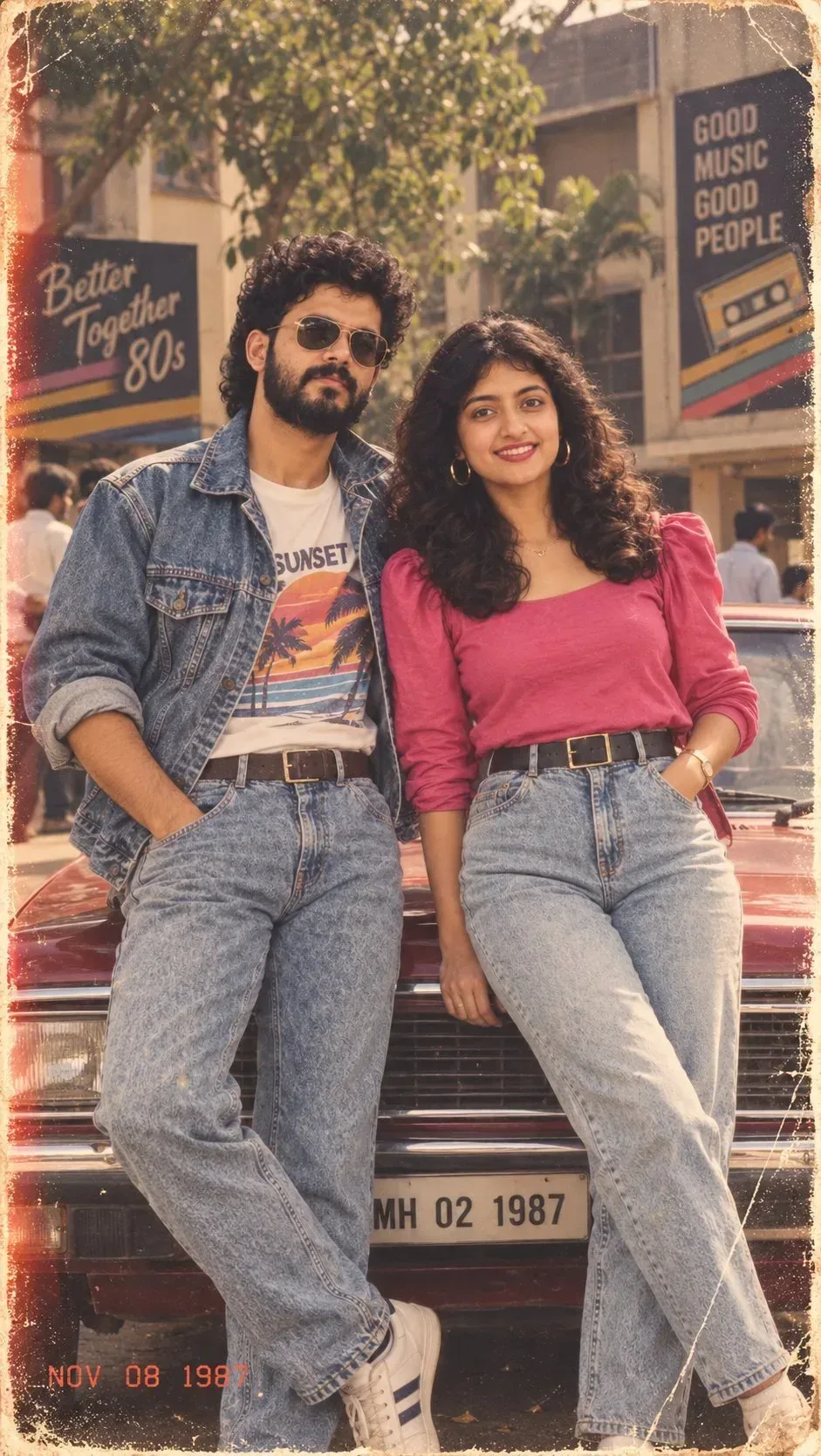 Vintage 1980s Retro Indian Couple Portrait Leaning On Classic Maroon Car AI Photo Prompt preview example result