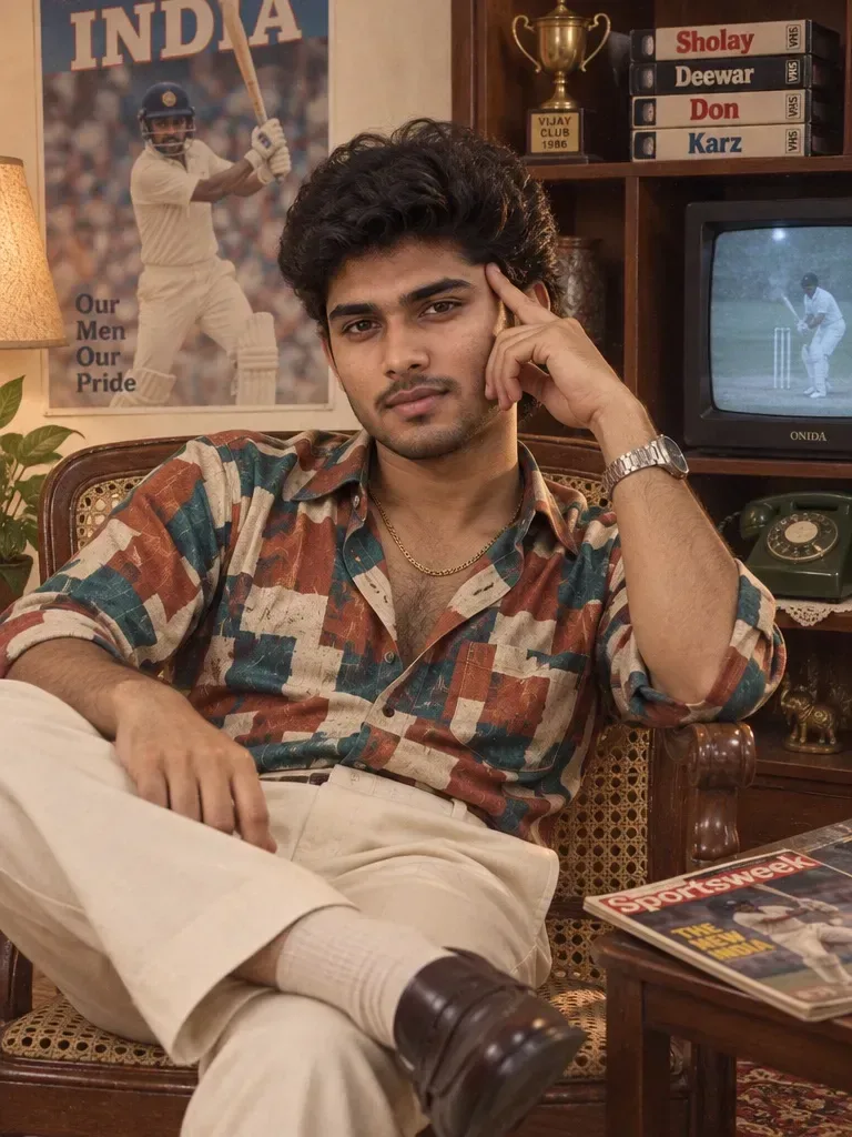 Vintage 1980s Retro Indian Male Living Room Portrait With Onida TV & Cricket Poster AI Photo Prompt preview example result