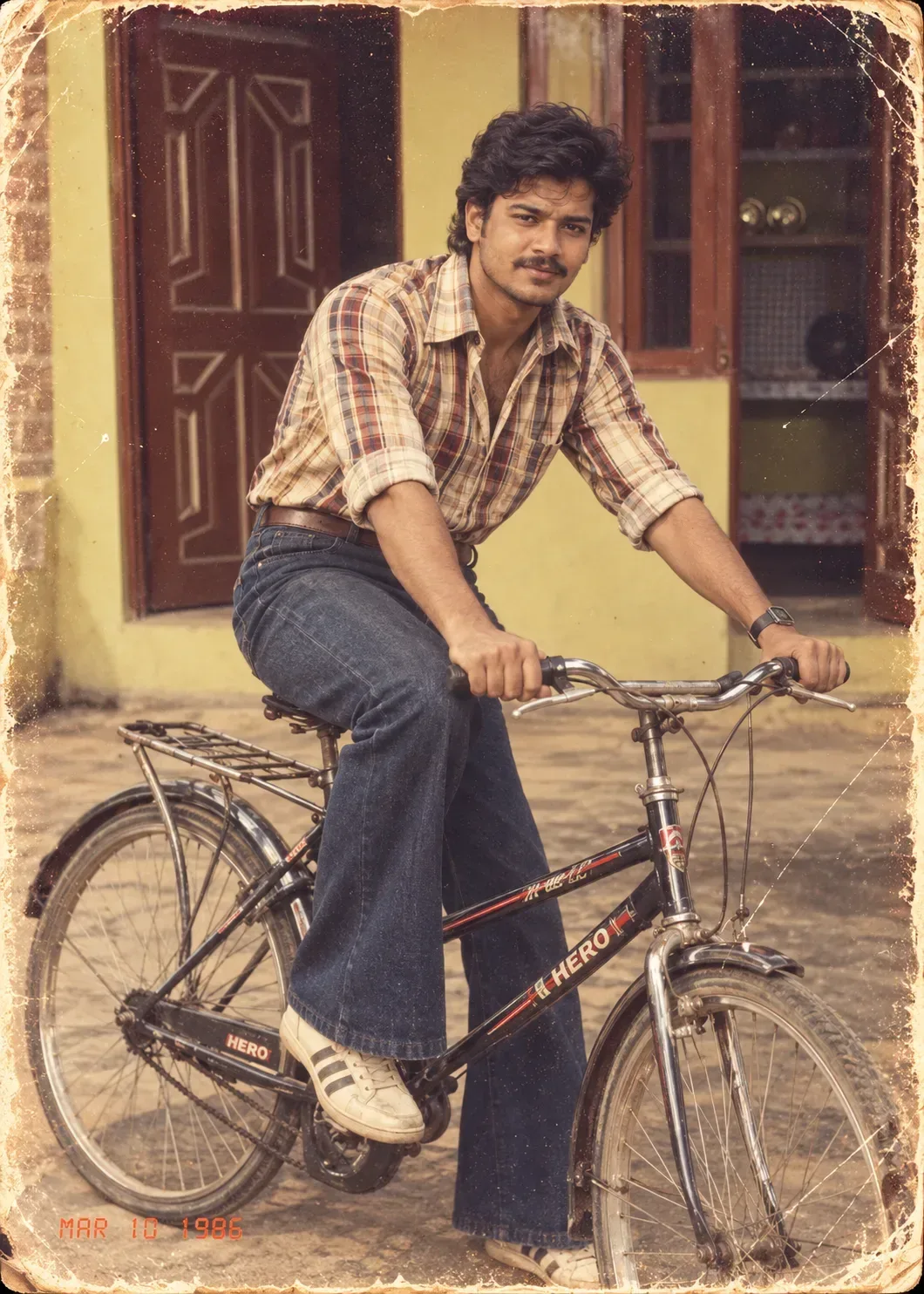Vintage 1980s Retro Indian Male Portrait On Classic Hero Bicycle AI Photo Prompt preview example result