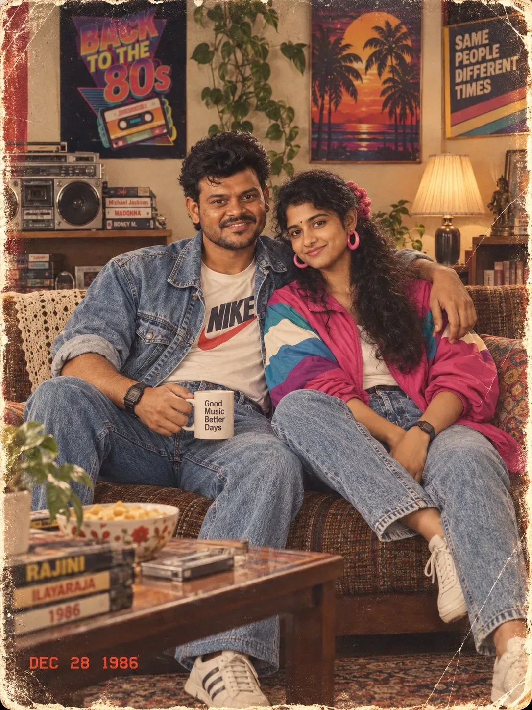 Vintage 1980s Retro Living Room Couple Portrait On Floral Sofa With Coffee Mug AI Photo Prompt preview example result