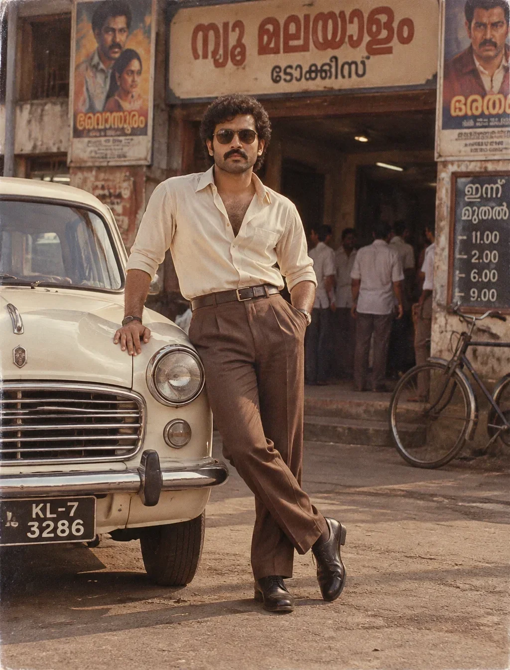 Vintage 1980s Retro Malayalam Cinema Male Portrait Leaning on Ambassador Car Prompt preview example result