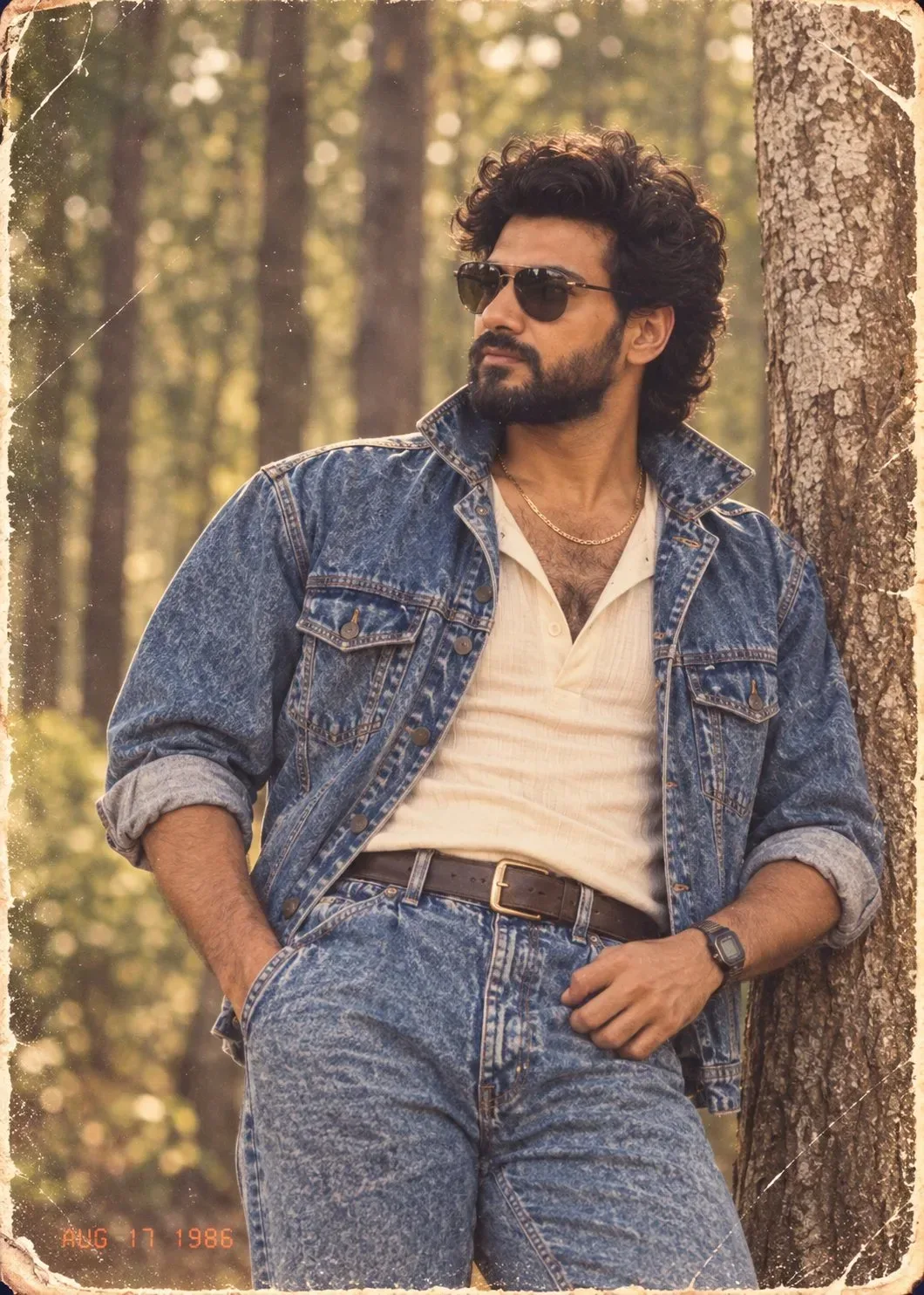 Vintage 1980s Retro Male Forest Portrait Leaning On Pine Tree In Double Denim AI Photo Prompt preview example result