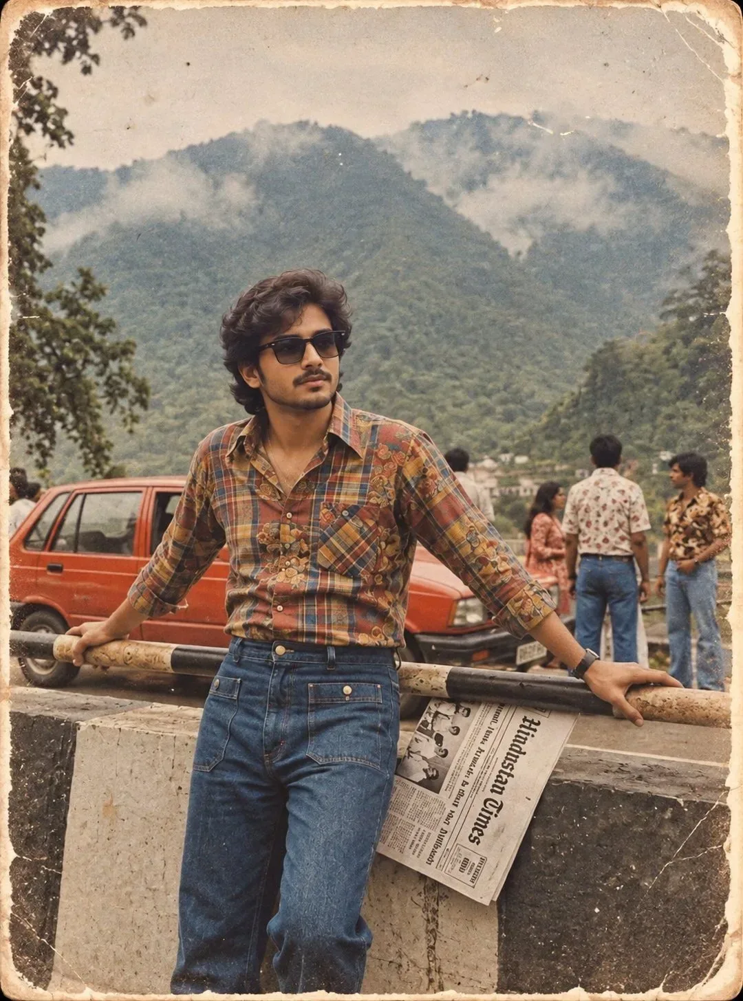Vintage 1980s Retro Male Hill Station Roadside Portrait In Plaid Shirt AI Photo Prompt preview example result