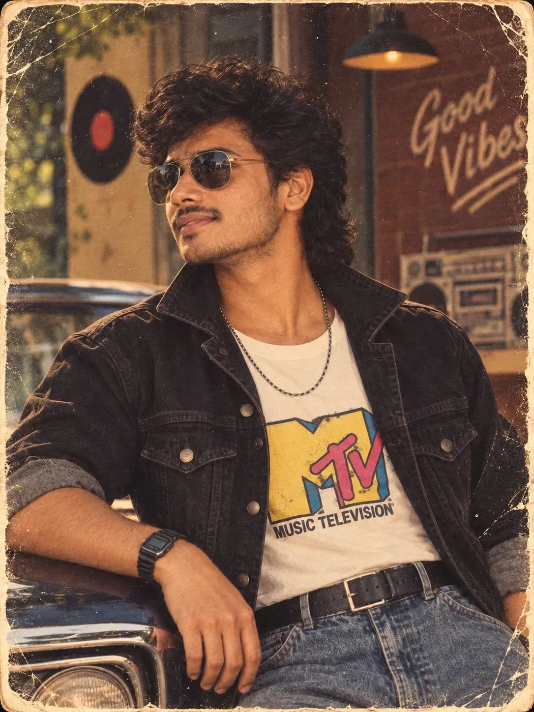 Vintage 1980s Retro Male Portrait Leaning On Classic Car In Denim Jacket & Aviators AI Photo Prompt preview example result