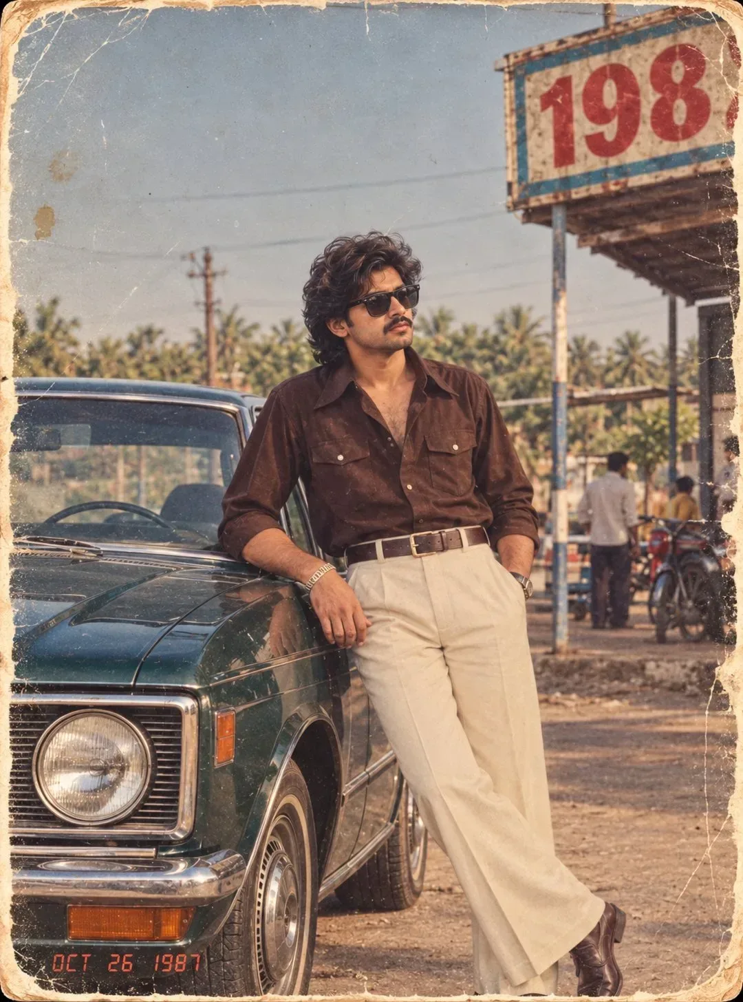 Vintage 1980s Retro Male Portrait Leaning On Classic Green Car At Gas Station AI Photo Prompt preview example result