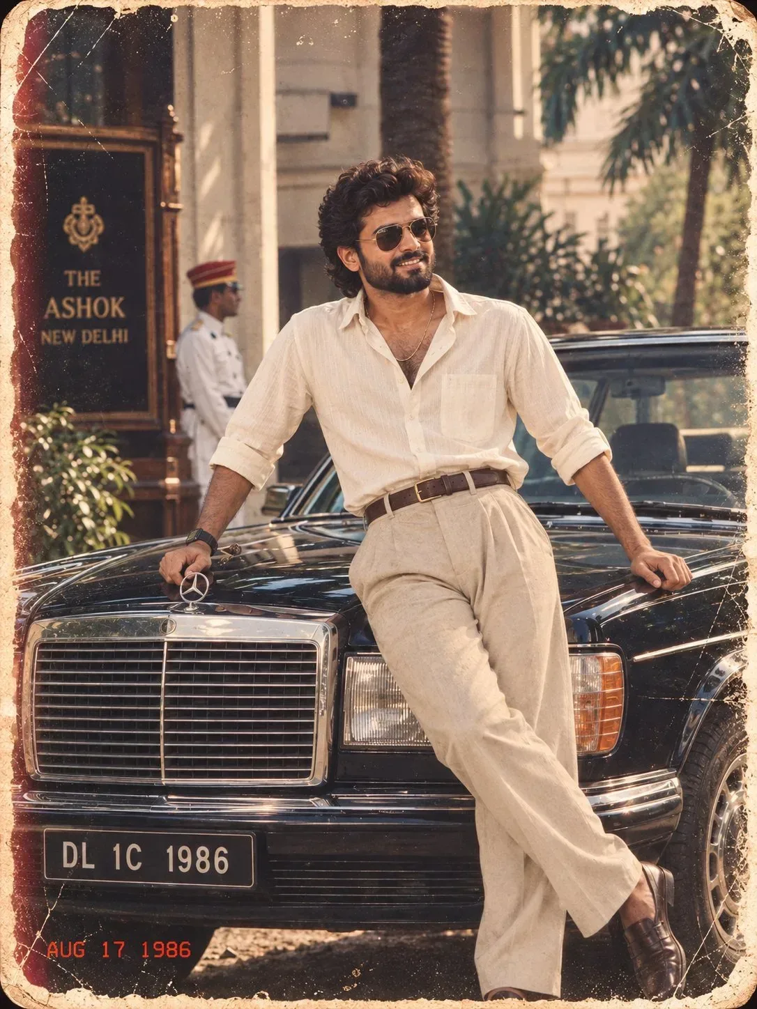 Vintage 1980s Retro Male Portrait Leaning On Classic Mercedes-benz Outside The Ashok AI Photo Prompt preview example result