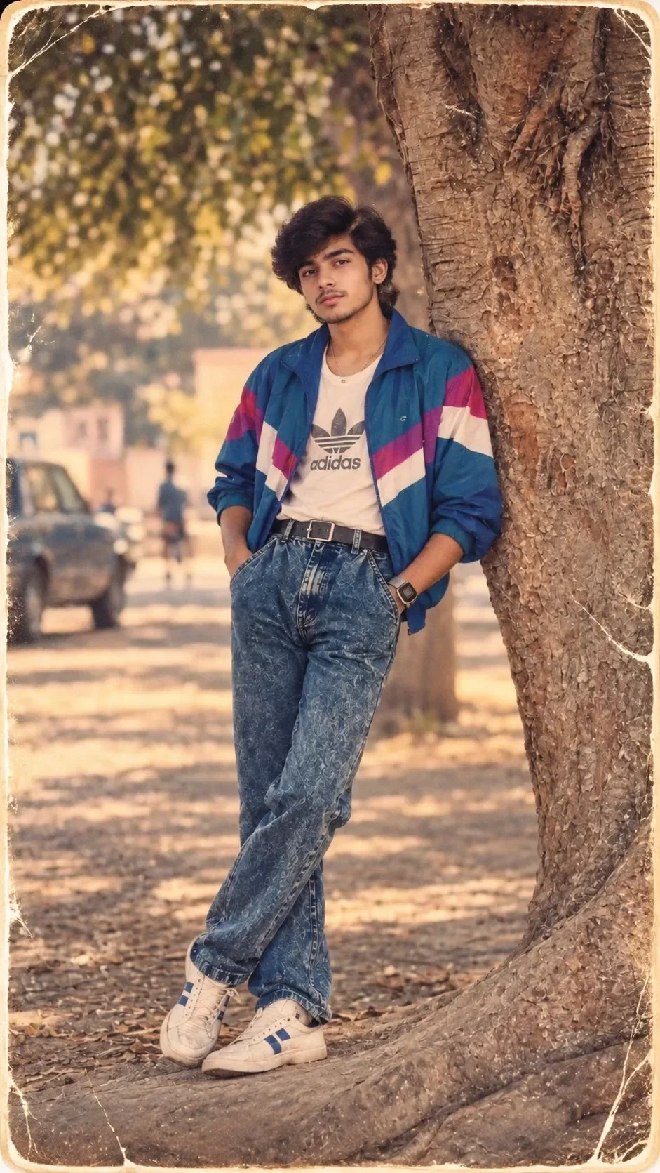 Vintage 1980s Retro Male Street Portrait Leaning on Banyan Tree Trunk Prompt preview example result