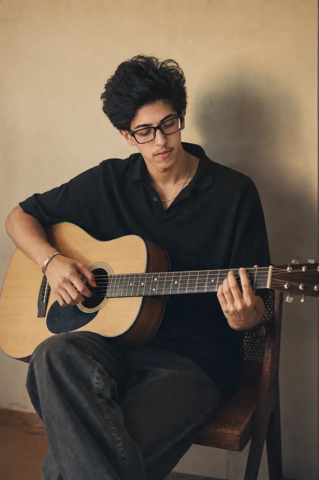 Vintage Acoustic Guitar Portrait Warm Nostalgic Photography AI Photo Prompt preview example result