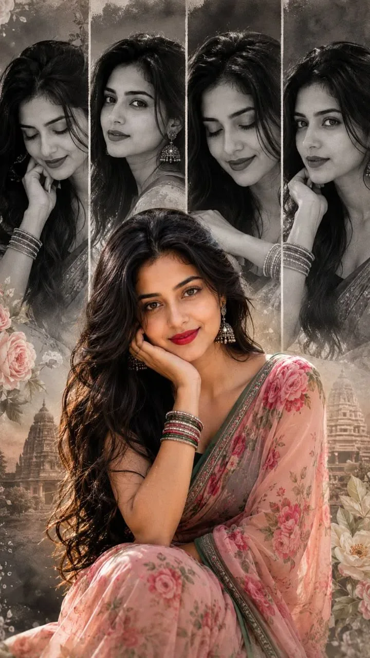 Vintage Floral Portrait Collage Wallpaper AI Photo Prompt preview example result