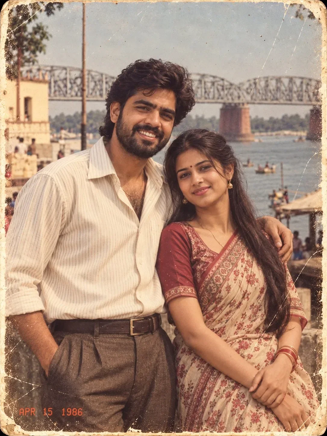 Vintage Indian Couple Riverfront Ghat & Howrah Bridge AI Photo Prompt preview example result