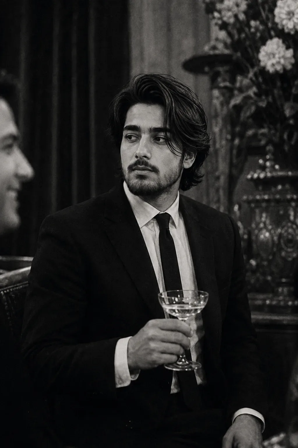 Vintage Noir Portrait With Champagne Glass AI Photo Prompt preview example result