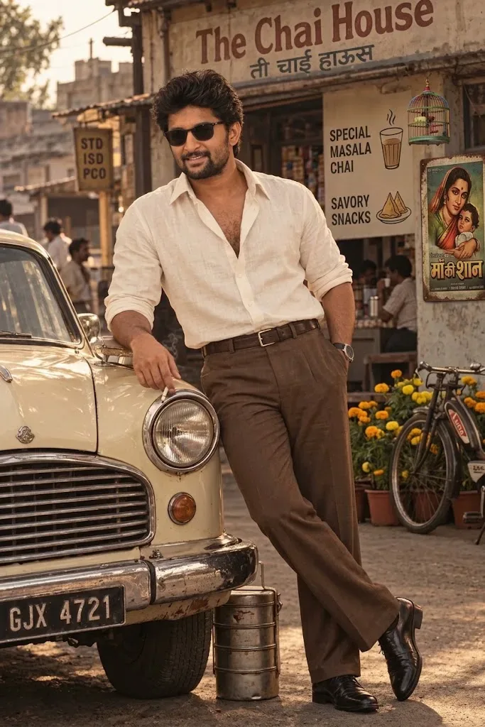 Vintage Style Photo With Classic Car And Chai Shop AI Photo Prompt preview example result