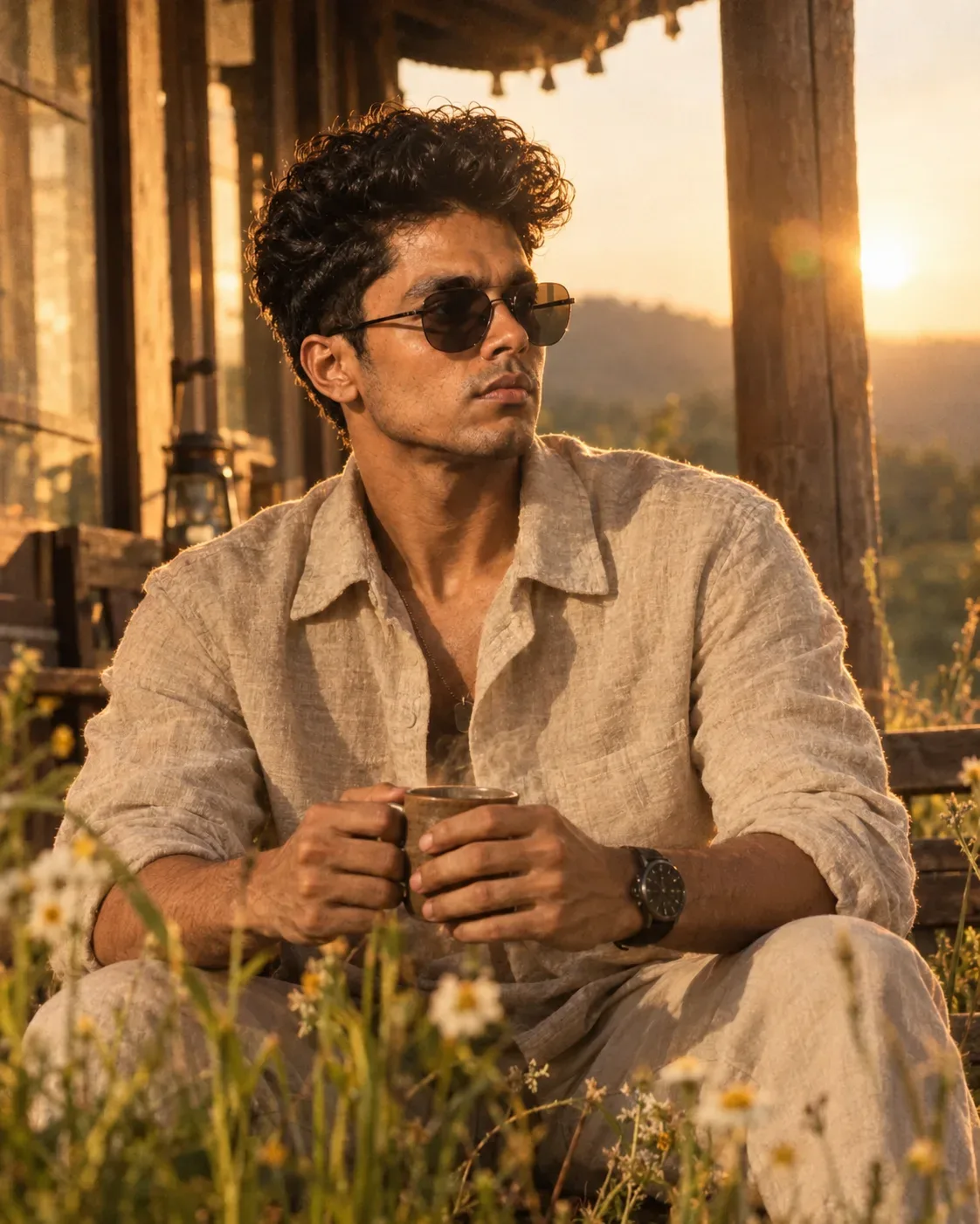 Warm Candid Lifestyle Photography Of A Young Man In A Soft Beige Linen Shirt Sitting On A Wooden Porch AI Photo Prompt preview example result