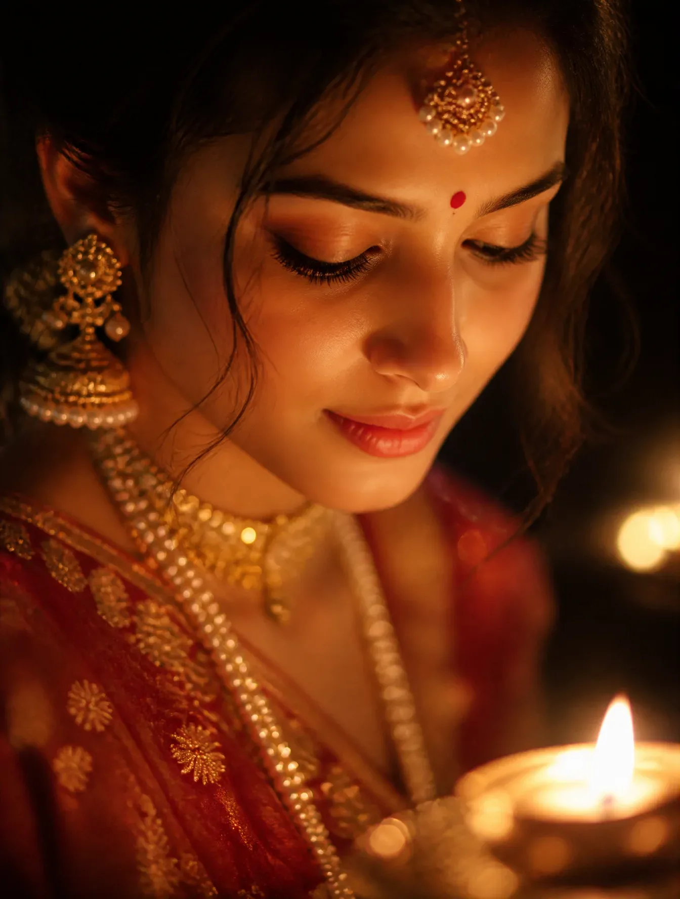 Warm Candlelight Diwali Female Portrait With Brass Diya AI Photo Prompt preview example result
