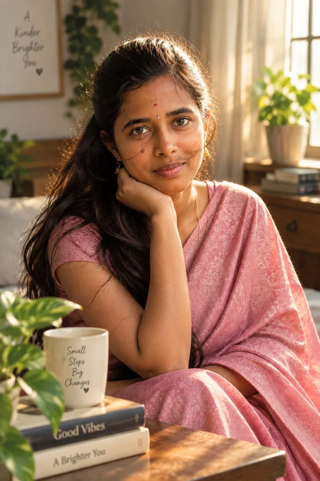Warm Golden Hour Indoor Portrait AI Photo Prompt preview example result