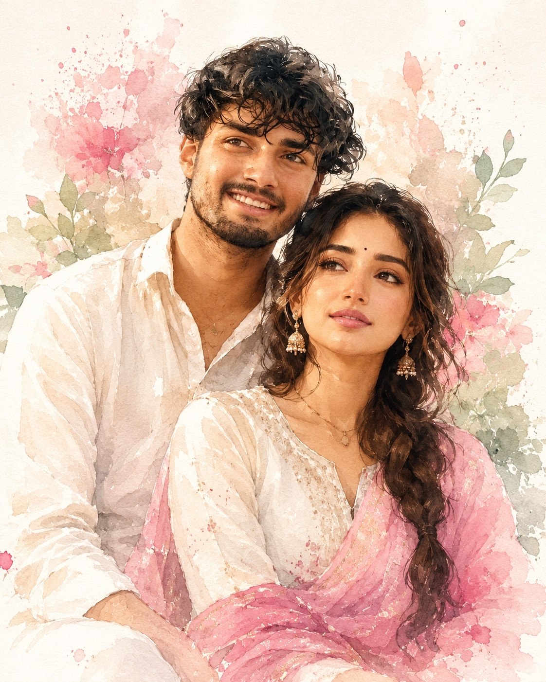Watercolor Indian Couple Portrait - Midjourney copy paste AI prompt example for couples, portrait