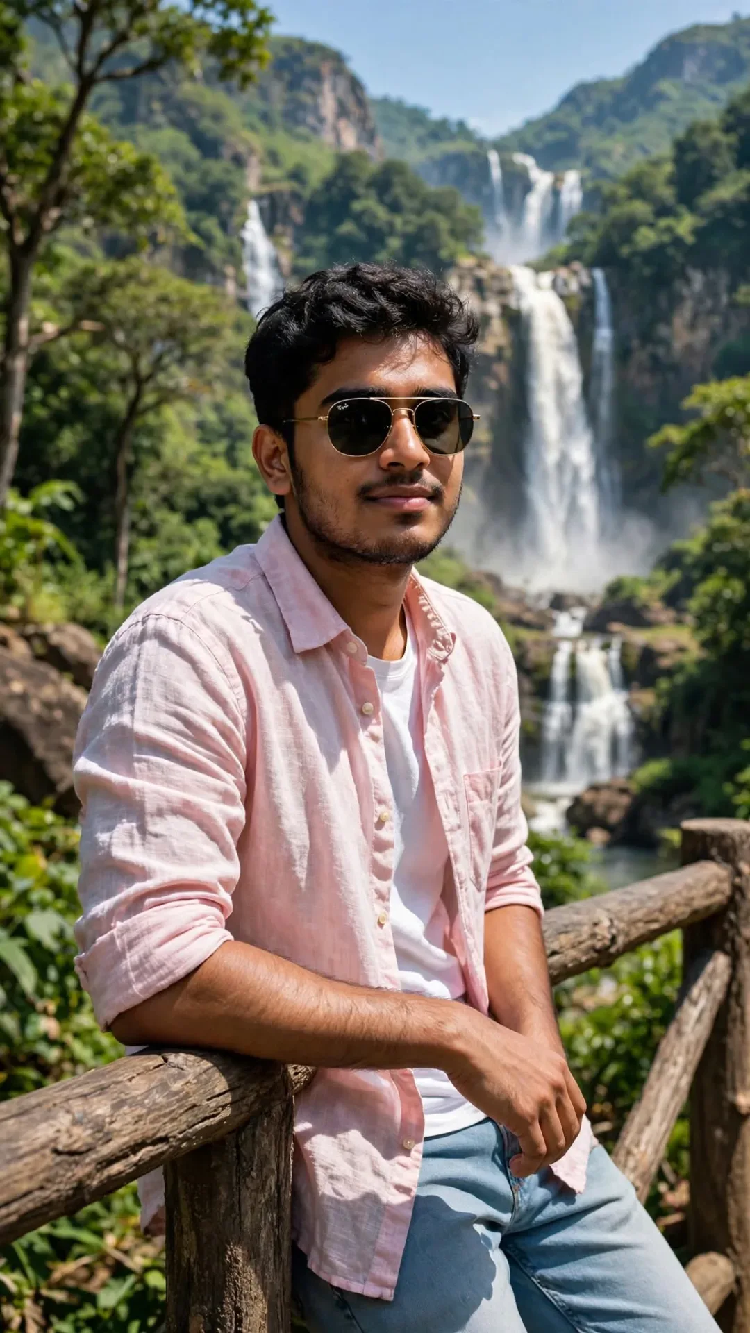 Waterfall Travel Portrait Pink Shirt Man With Sunglasses AI Photo Prompt preview example result