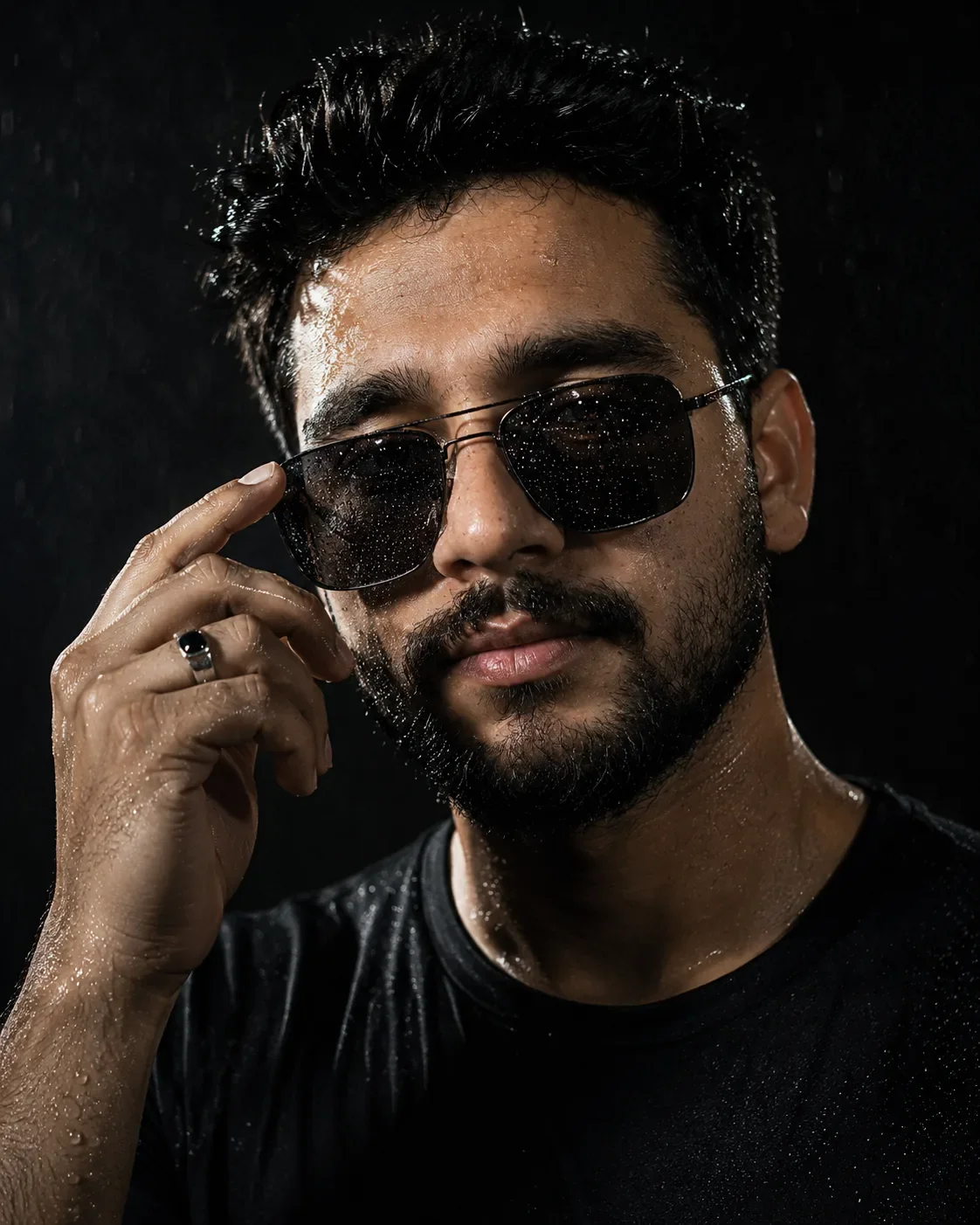 Wet Look Cinematic Portrait Moody Luxury Fashion Editorial With Sunglasses AI Photo Prompt preview example result