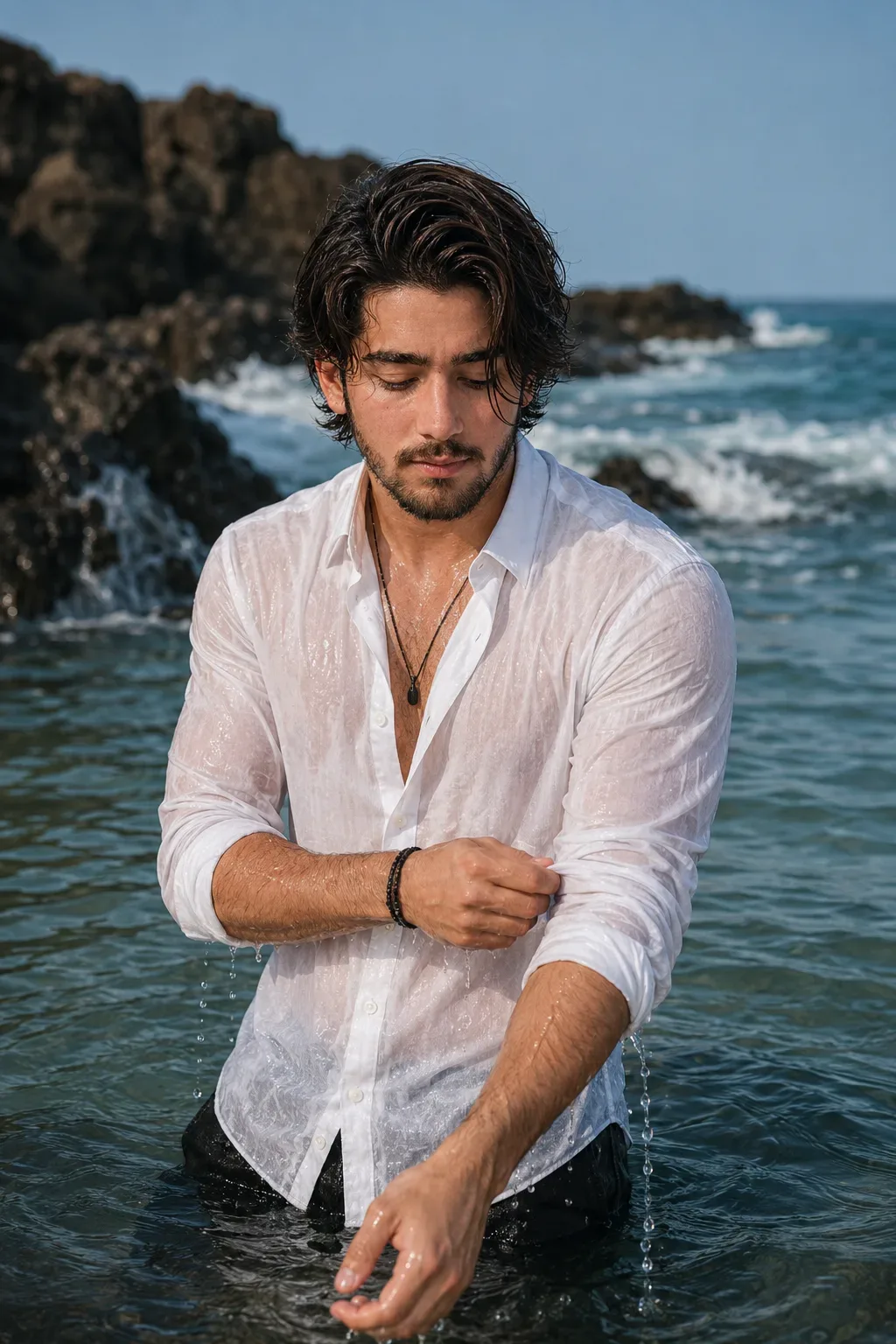 Wet-shirt Portrait By The Sea AI Photo Prompt preview example result