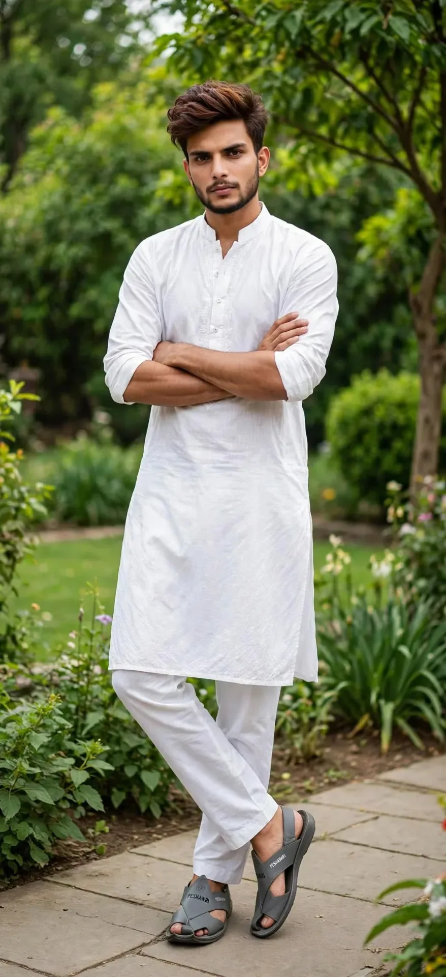 White Kurta Pajama Guy Stylish Garden Portrait AI Photo Prompt preview example result