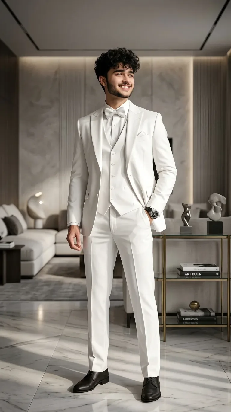 White Suit Pose AI Photo Prompt preview example result