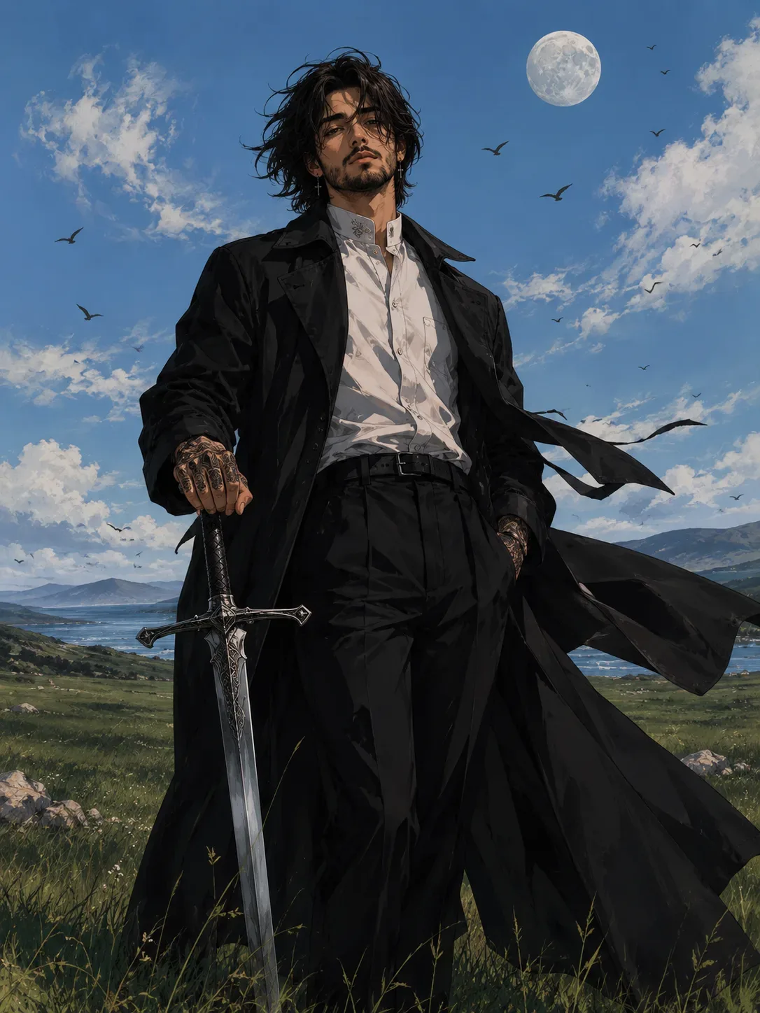 Wind-swept Swordsman Beneath The Moon AI Photo Prompt preview example result