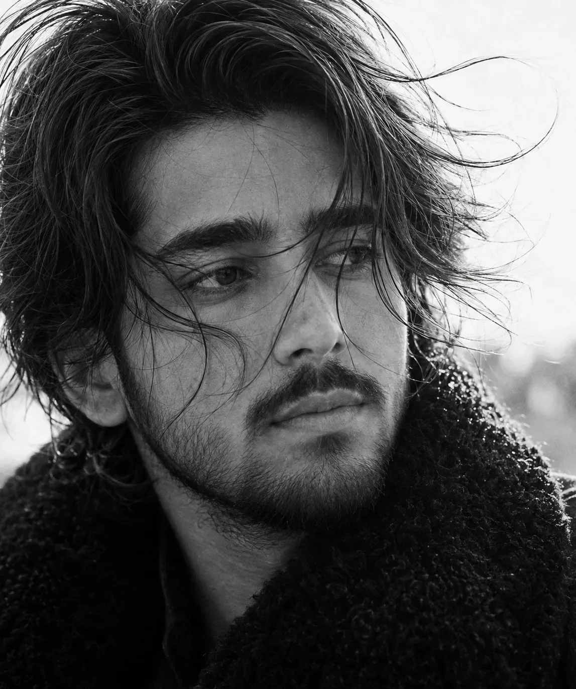 Windblown Monochrome Portrait AI Photo Prompt preview example result