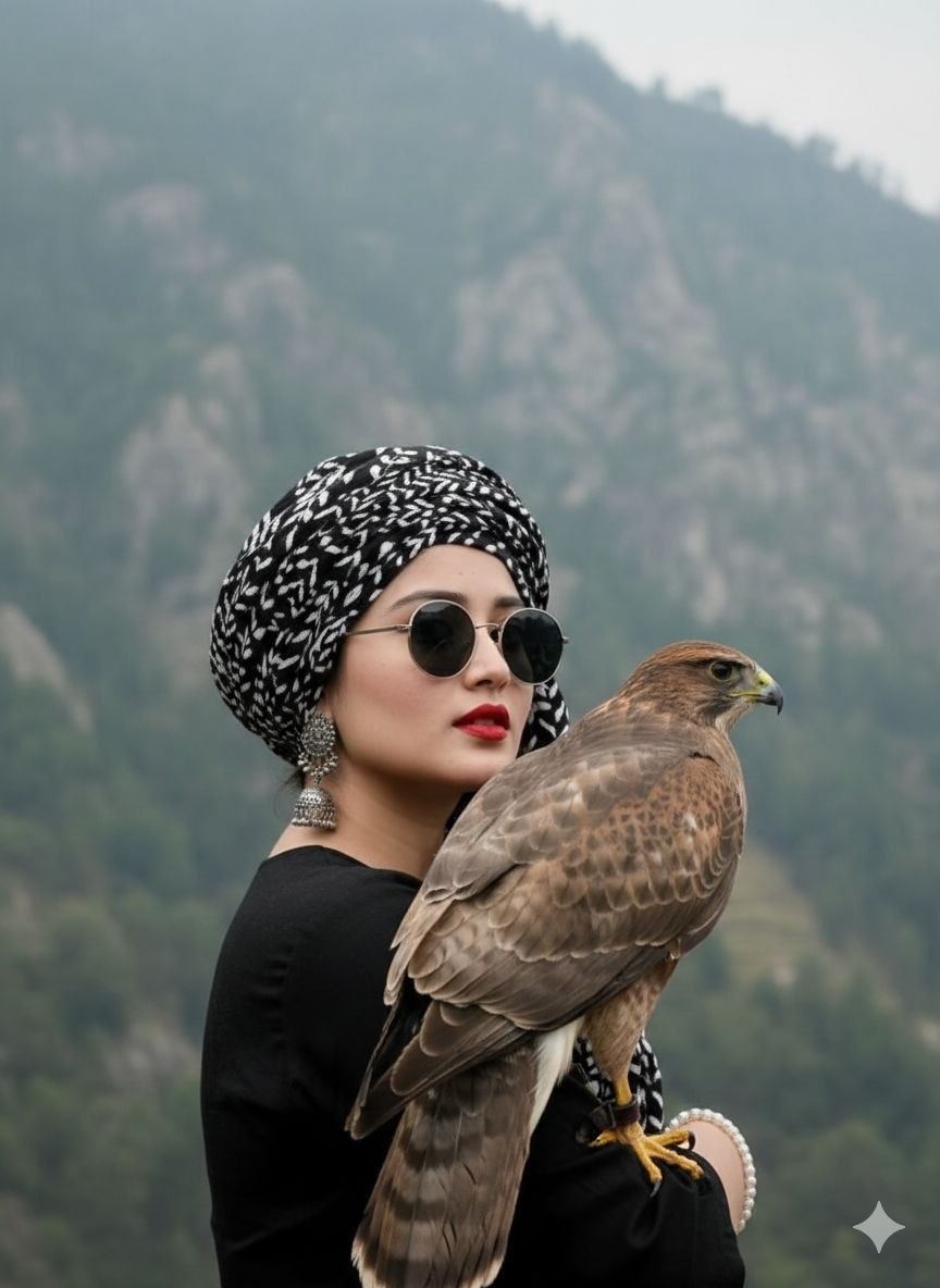 Woman in Black with Hawk on Rocky Outdoor Scene - AI copy paste AI prompt example for outdoor, cinematic