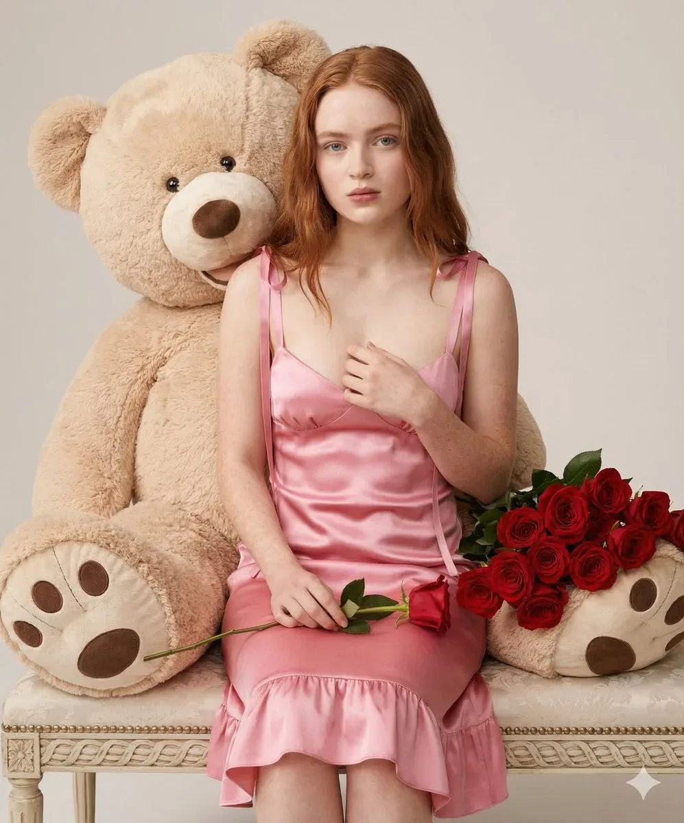 Woman In Pink Dress With Teddy Bear And Roses AI Photo Prompt preview example result