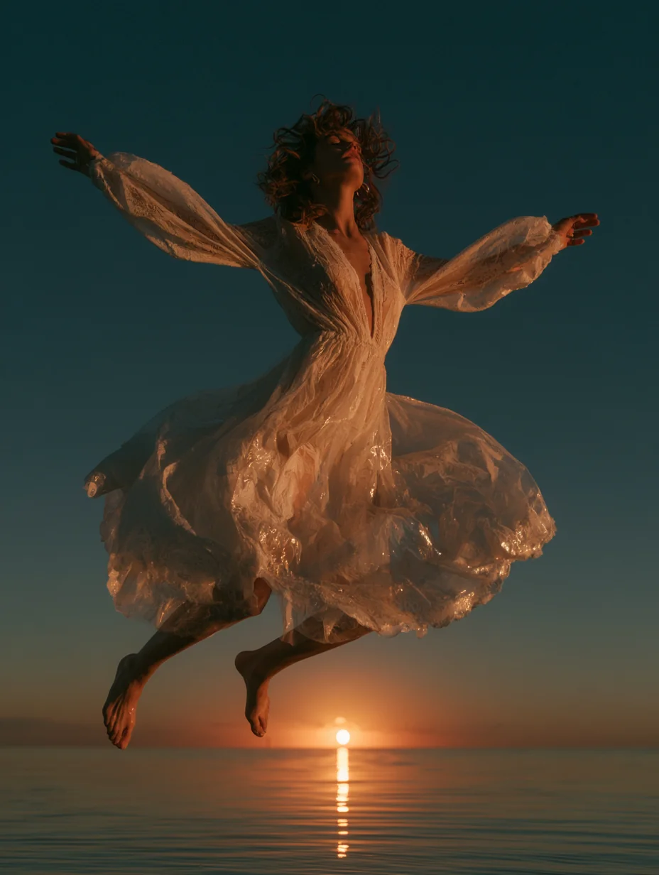 Woman Soaring In Mid Air During Sunset AI Photo Prompt generated preview