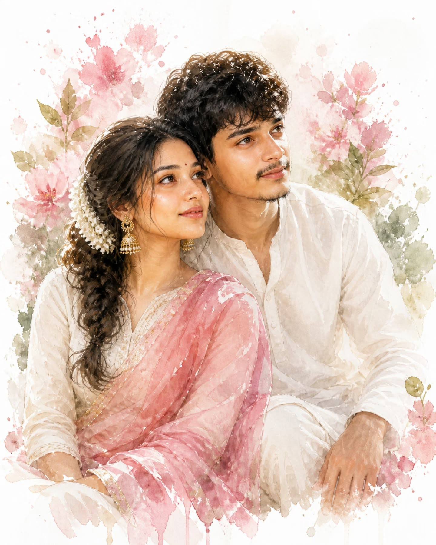 Young Indian Couple Watercolor Portrait - AI copy paste AI prompt example for couples, portrait