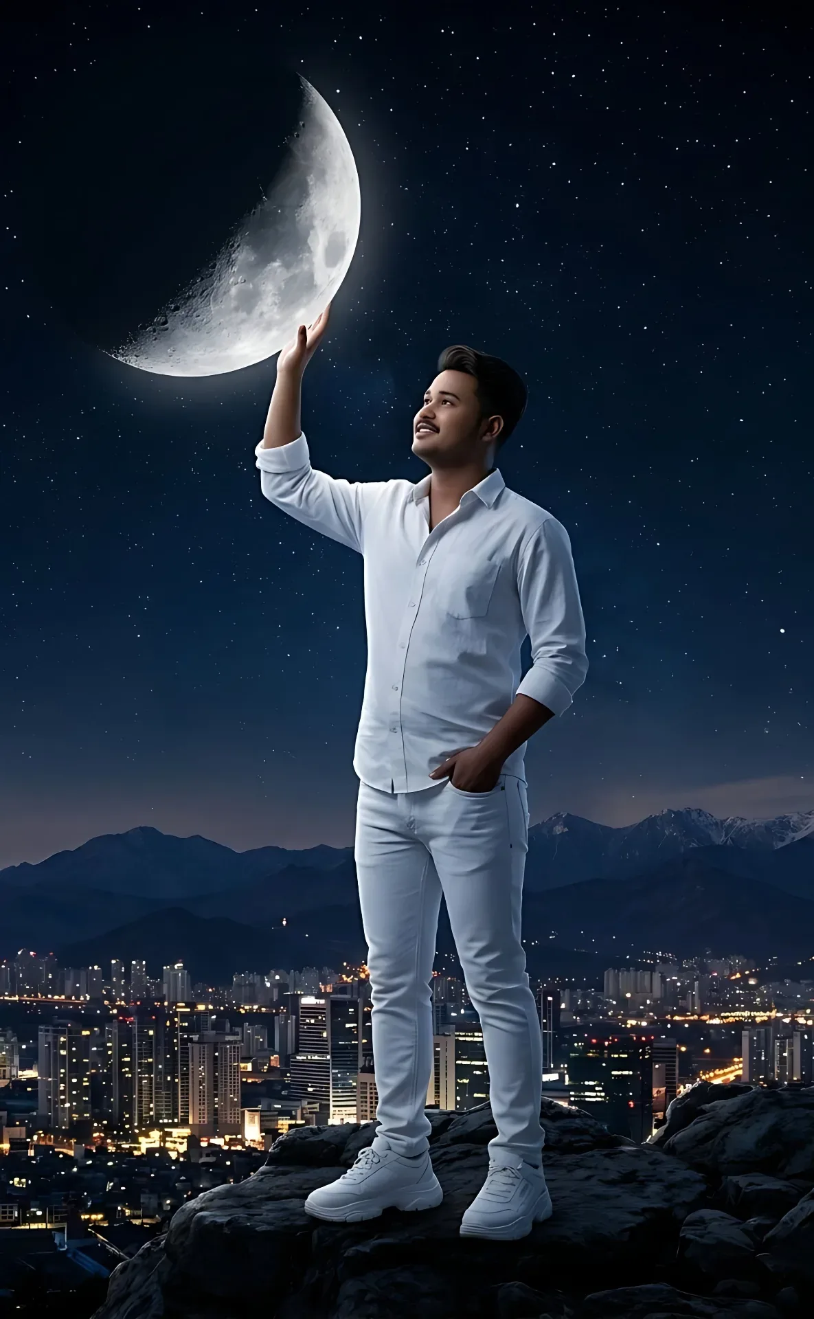 Young Man Touching The Crescent Moon Over Night City AI Photo Prompt preview example result