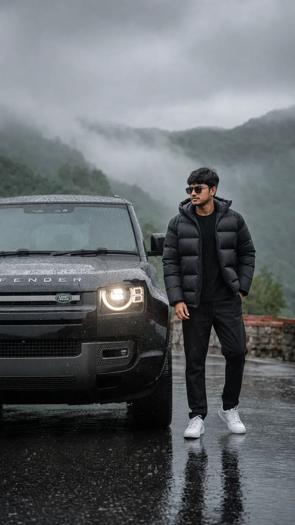 Young Man With Land Rover Defender On A Misty Mountain Road. AI Photo Prompt preview example result