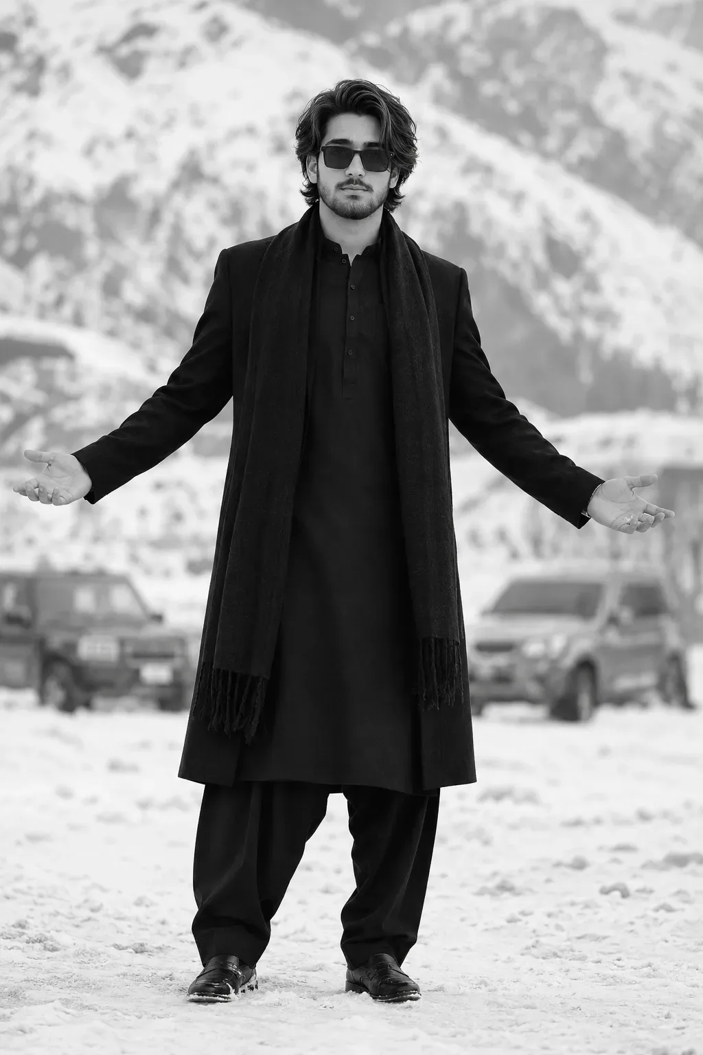 Young South Asian Man In Black Traditional Wear Standing In Snowy Mountains AI Photo Prompt preview example result