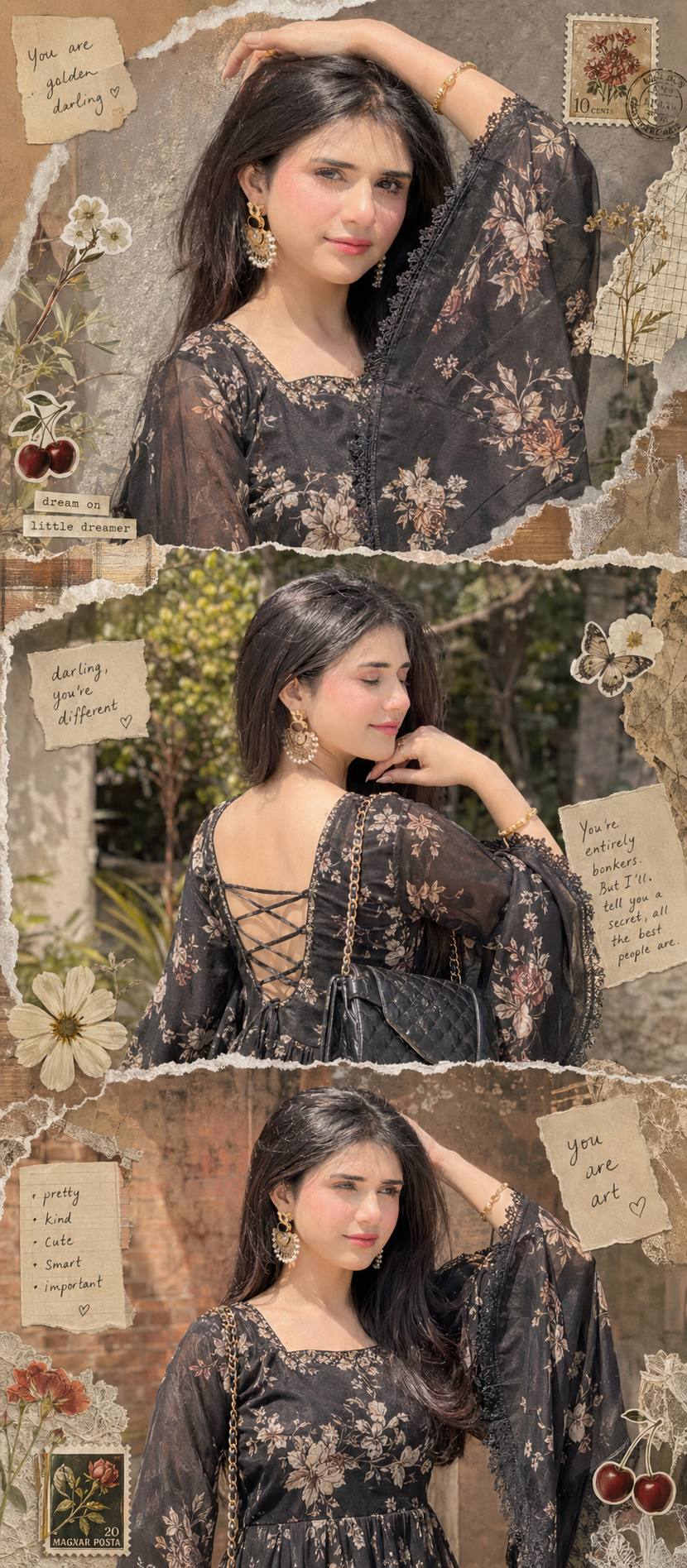 Young Woman in Floral Kurti Collage - AI copy paste AI prompt example for portrait, aesthetic